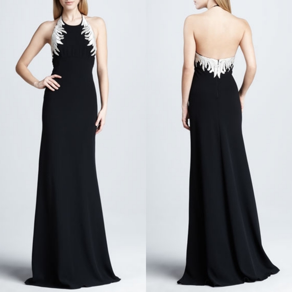 Carmen Marc Valvo Luxury Embroidered Wings Black Halter Maxi Gown Size 14 - Picture 1 of 12